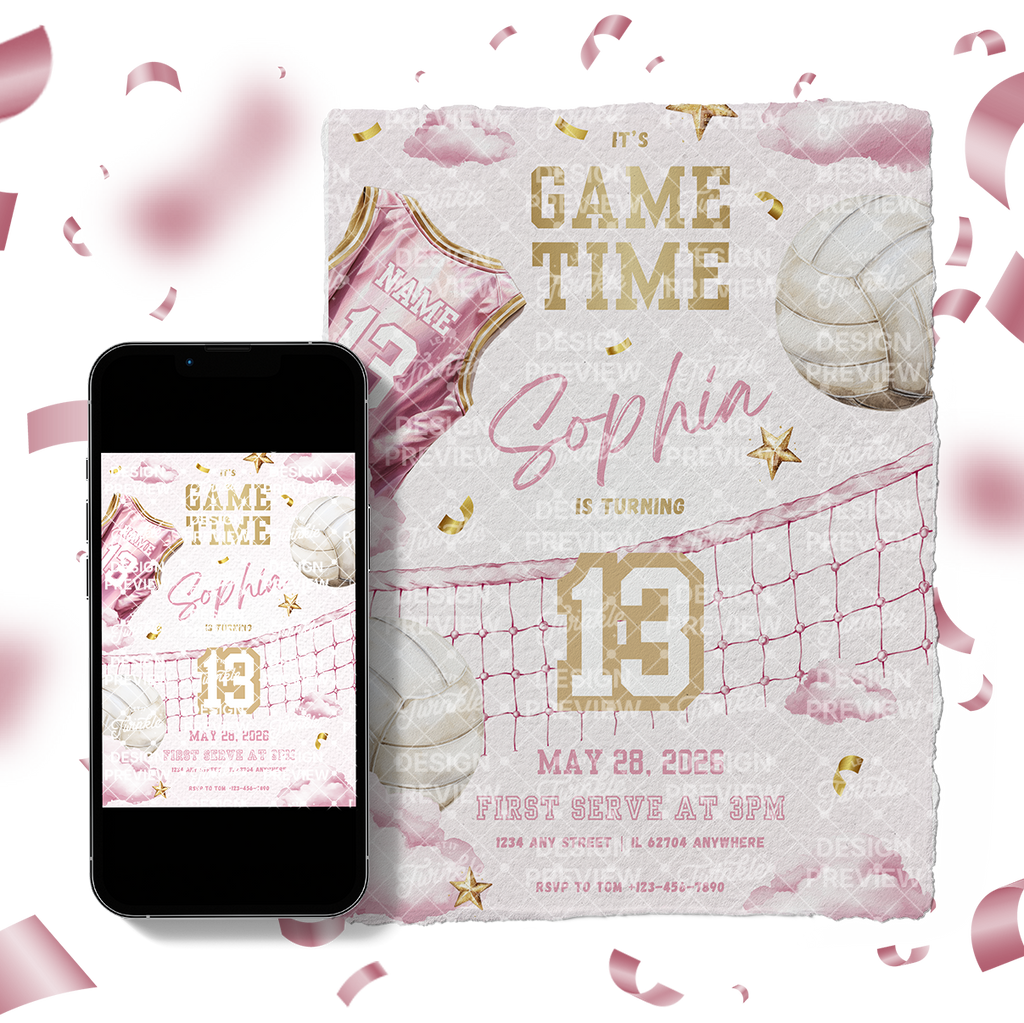 Volleyball Birthday Invitation Template • Editable Canva Invitation • Pink & Gold
