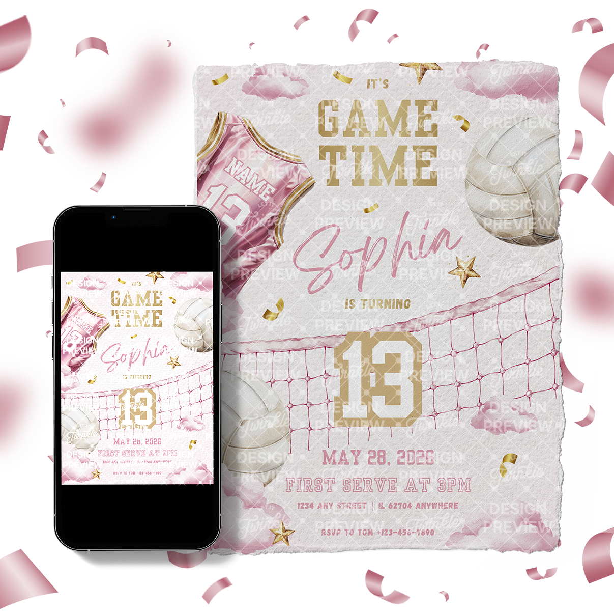Volleyball Birthday Invitation Template • Editable Canva Invitation • Pink & Gold