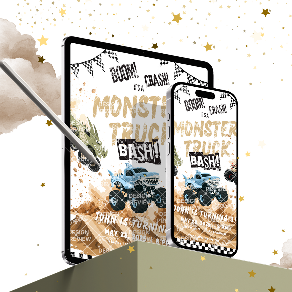 Monstertruck Geburtstagseinladung Lila & Blau