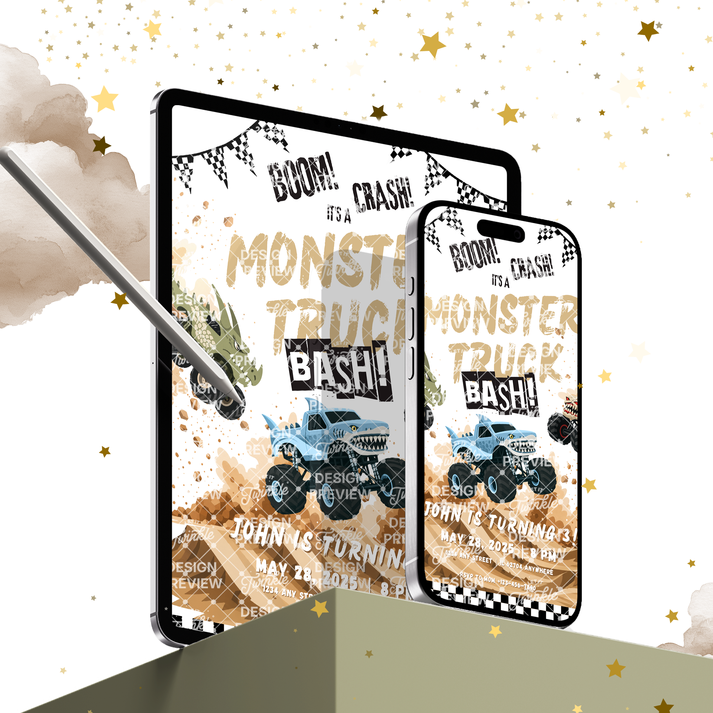 Monstertruck Geburtstagseinladung Lila & Blau