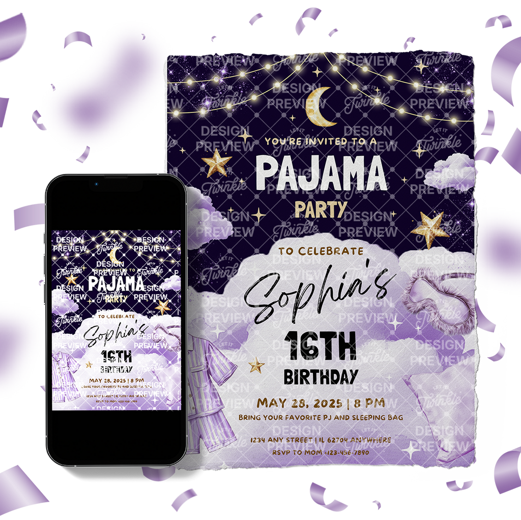 Pajama Party Night Birthday Invitation Template • Editable Canva Invitation • Purple, Black & Gold