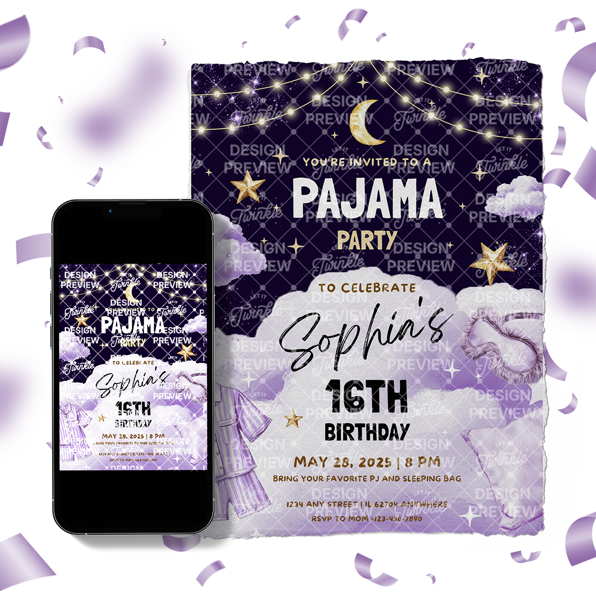 Pajama Party Night Birthday Invitation Template • Editable Canva Invitation • Purple, Black & Gold