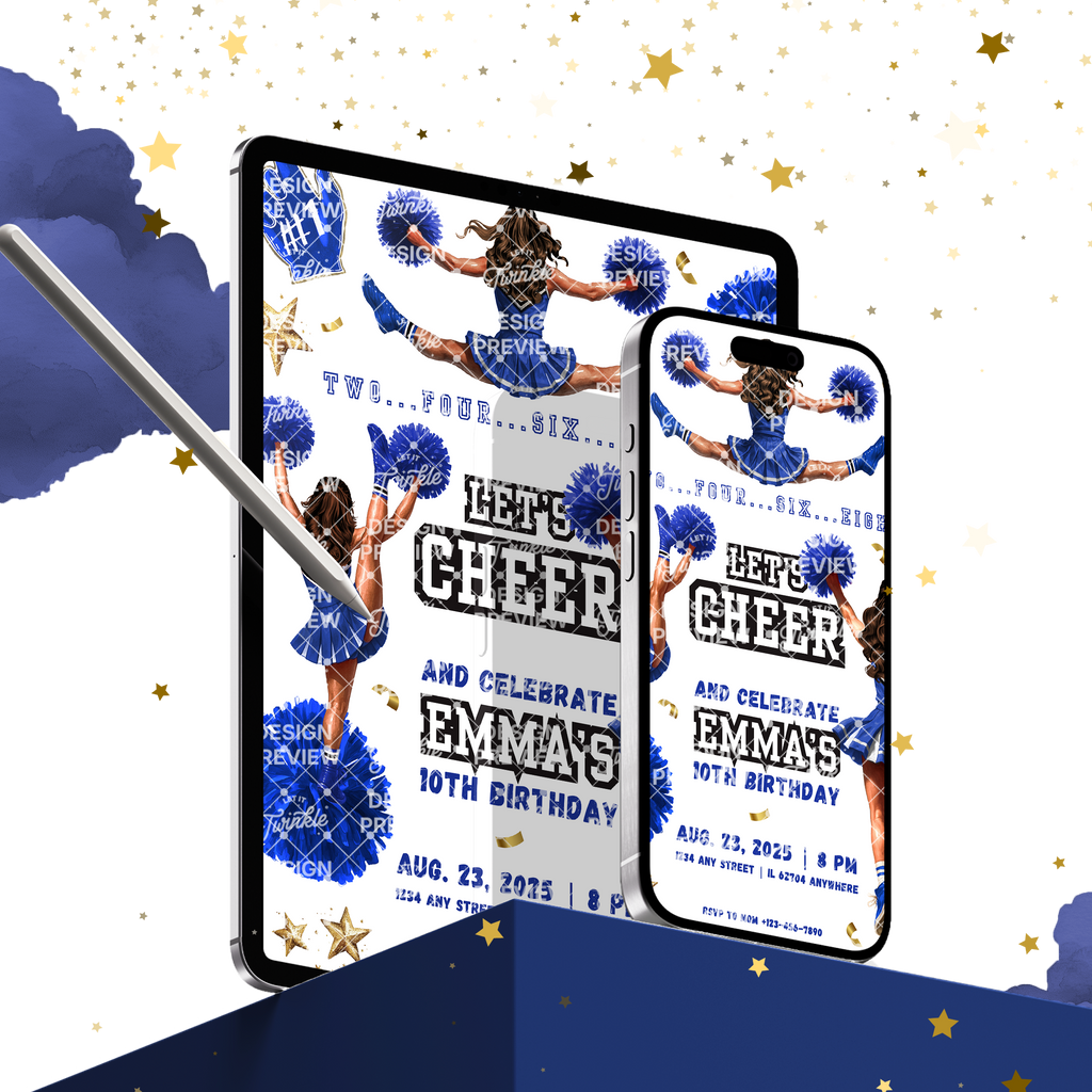 Let's Cheer Birthday Invitation Template • Editable Canva Invitation • Blue