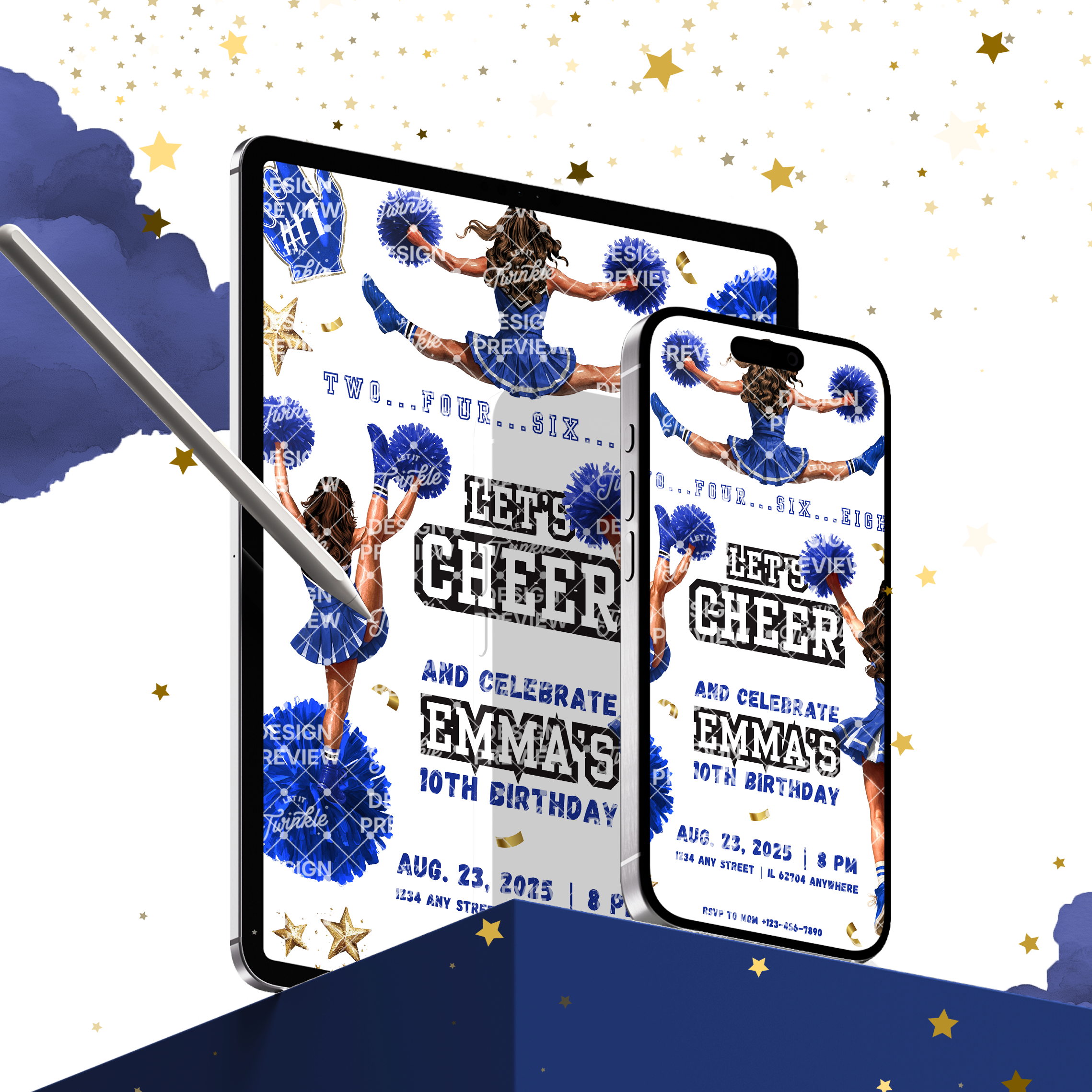 Let's Cheer Birthday Invitation Template • Editable Canva Invitation • Blue