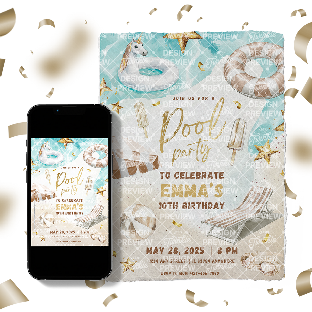 Poolparty-Geburtstagseinladung Beige & Gold