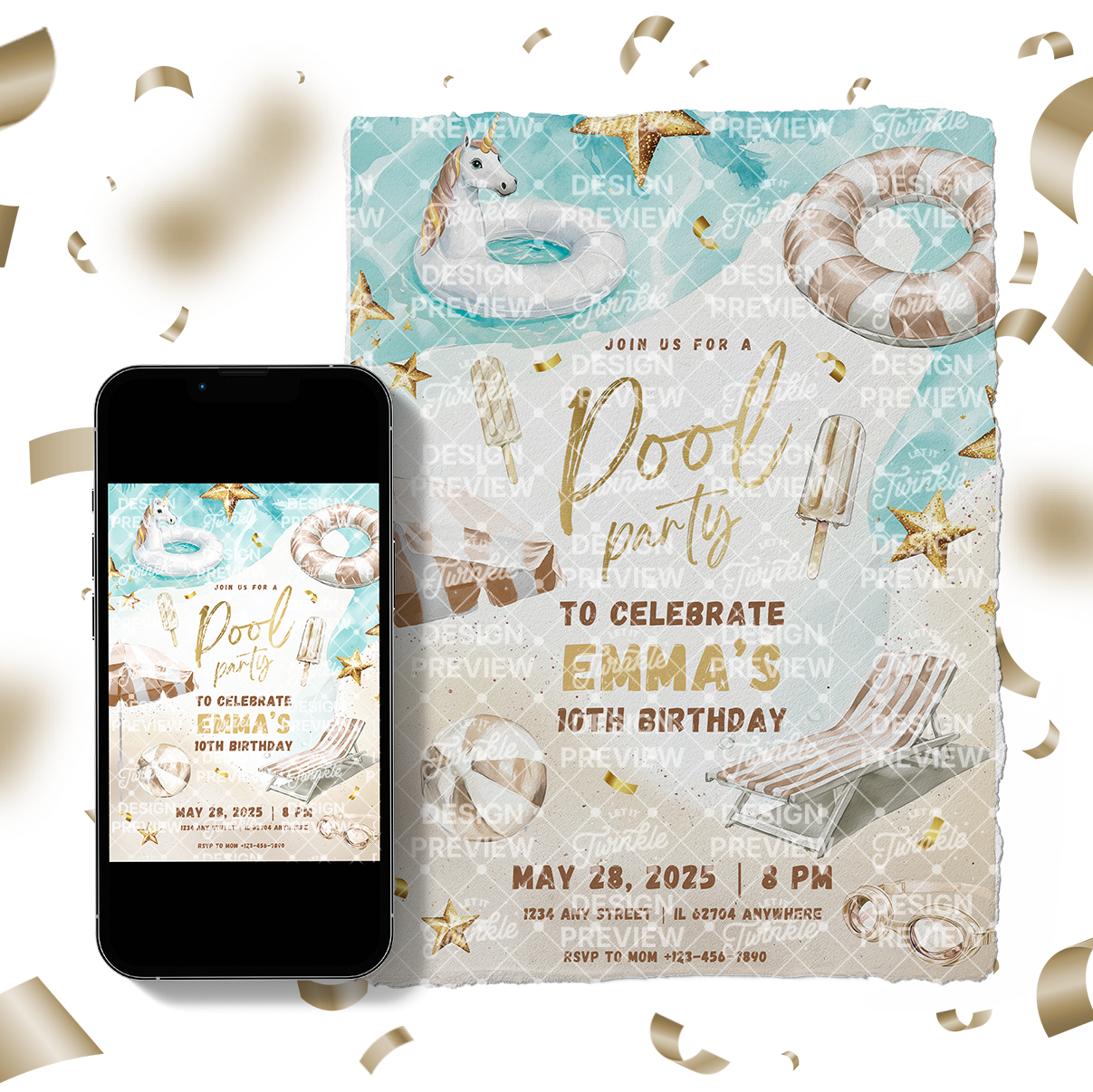 Poolparty-Geburtstagseinladung Beige & Gold