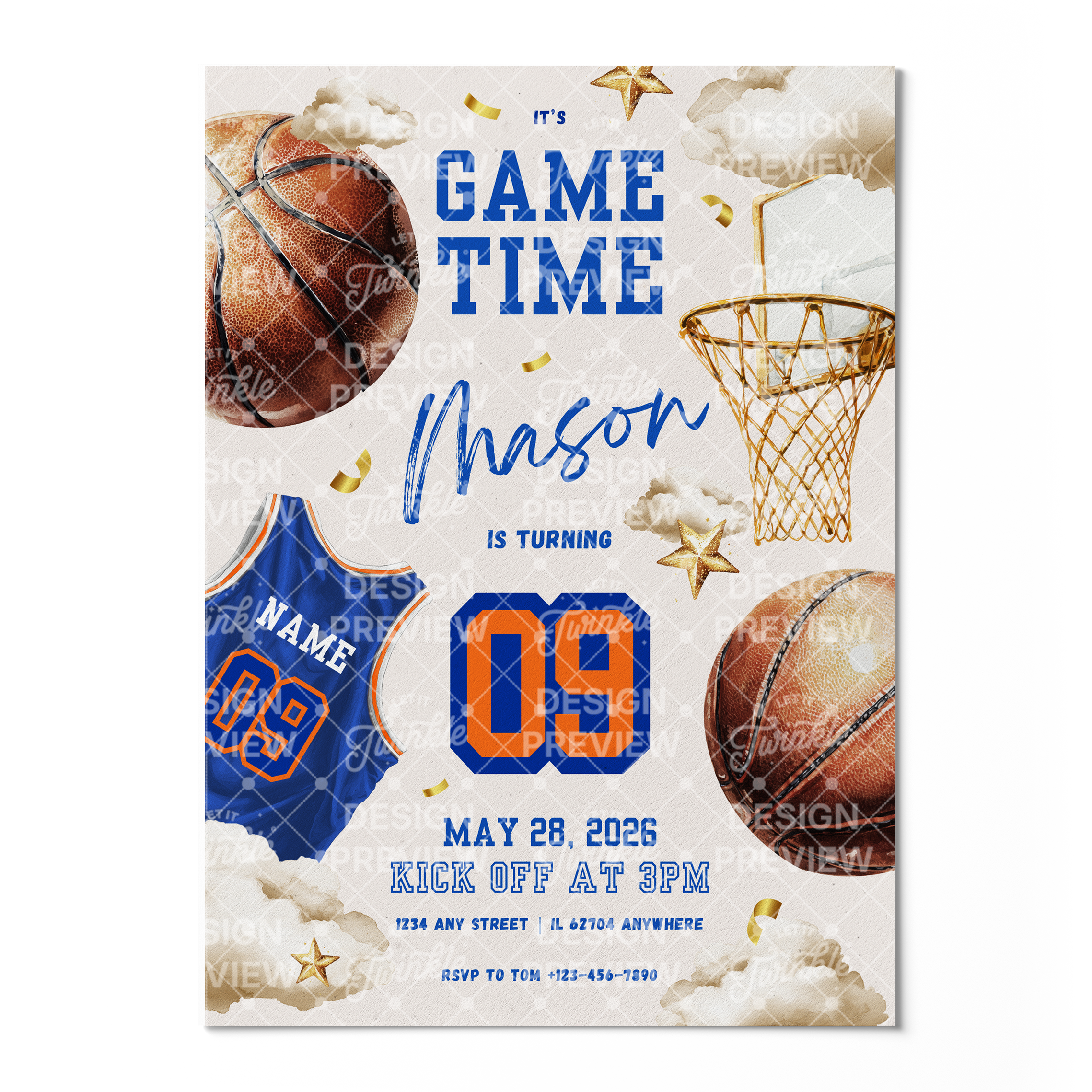 Basketball Geburtstagseinladung Blau & Gelb