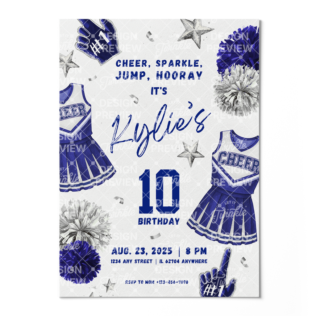 Cheerleader Birthday Invitation Template • Editable Canva Invitation • Blue & Silver