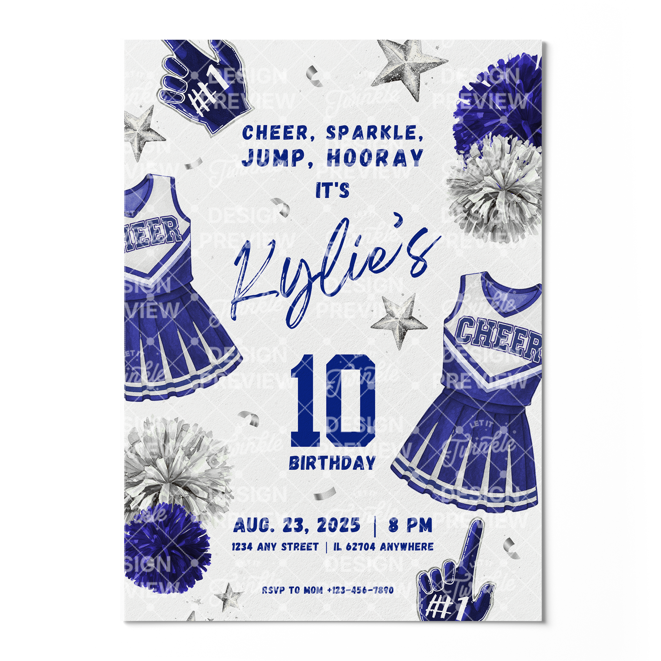 Cheerleader Birthday Invitation Template • Editable Canva Invitation • Blue & Silver