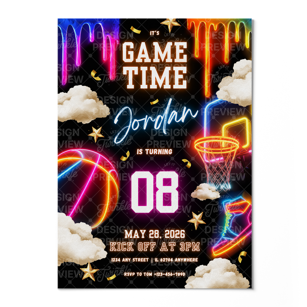 Basketball Birthday Invitation Template • Editable Canva Invitation • Neon & Black