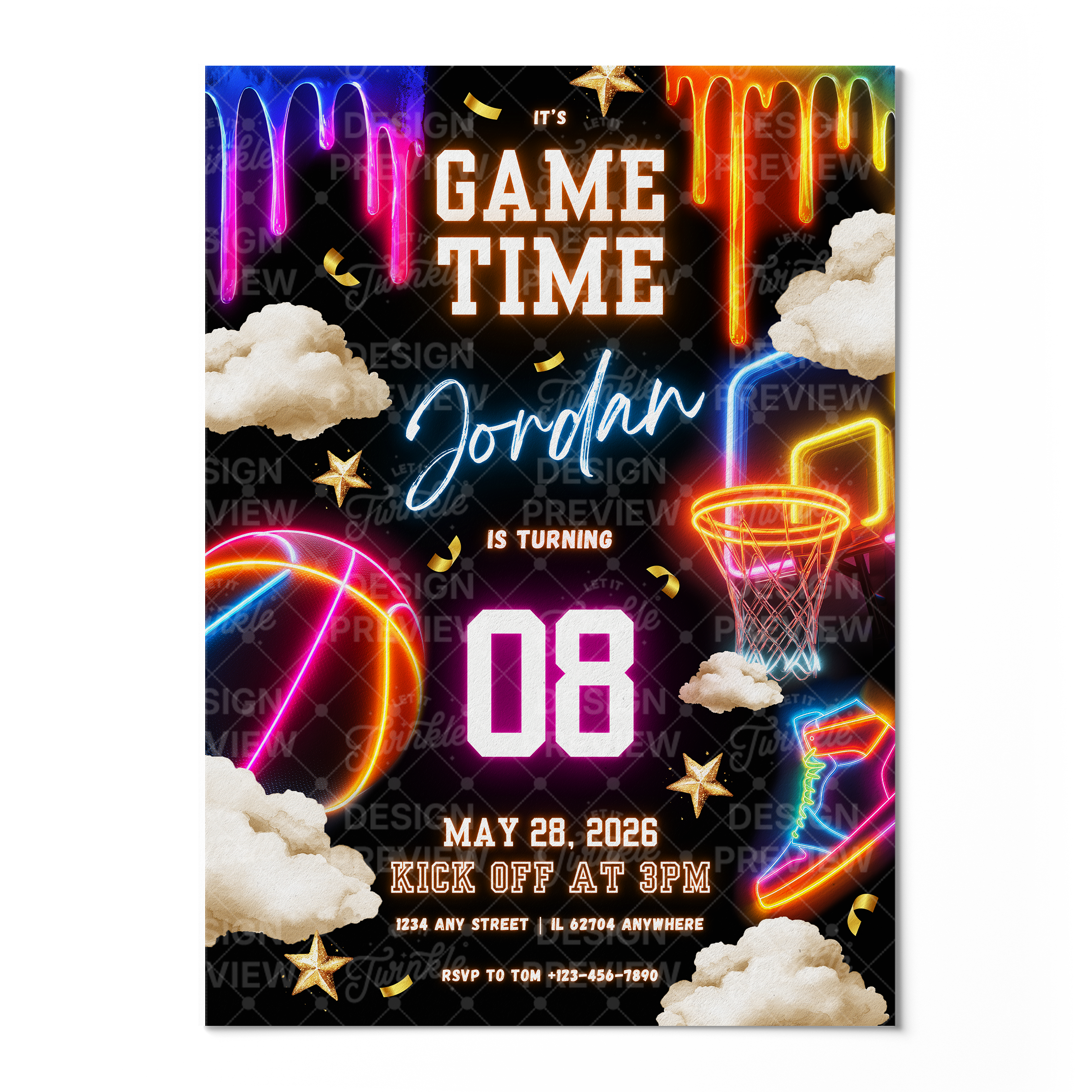 Basketball Birthday Invitation Template • Editable Canva Invitation • Neon & Black