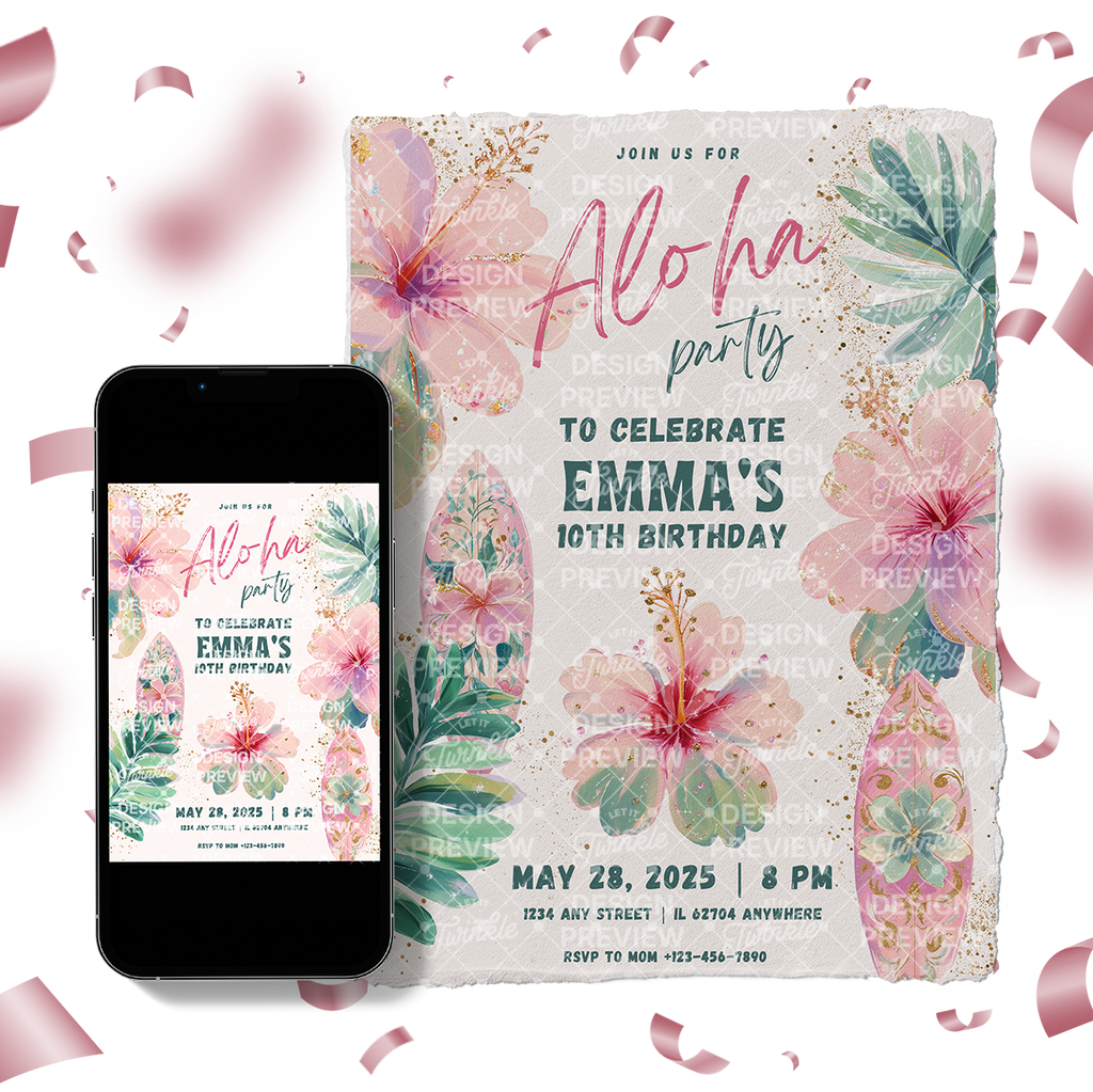Aloha Birthday Invitation Template • Editable Canva Invitation • Pastel Pink