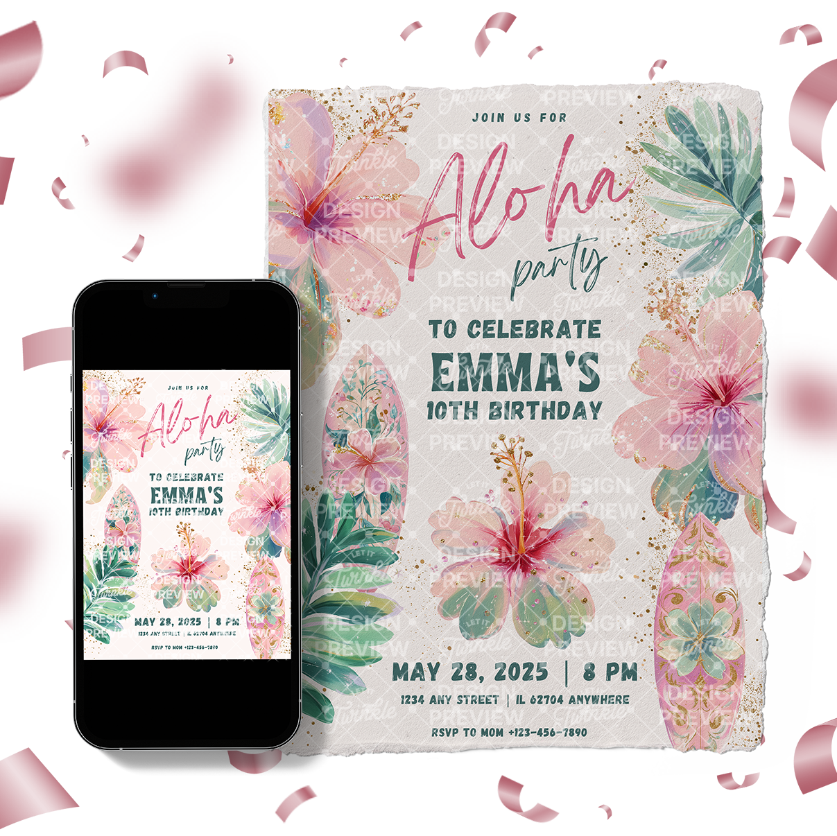 Aloha Birthday Invitation Template • Editable Canva Invitation • Pastel Pink