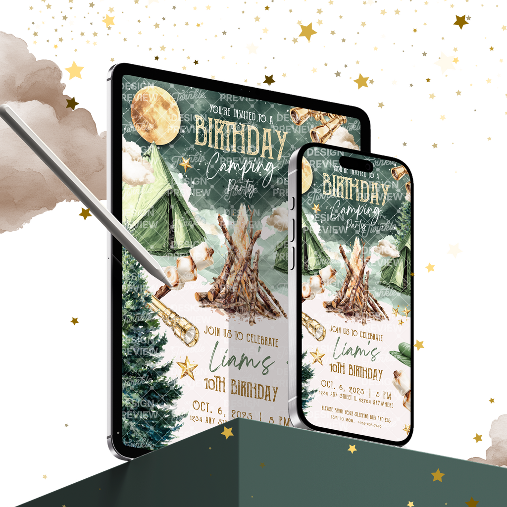 Camping Birthday Invitation Template • Editable Canva Invitation • Beige & Green