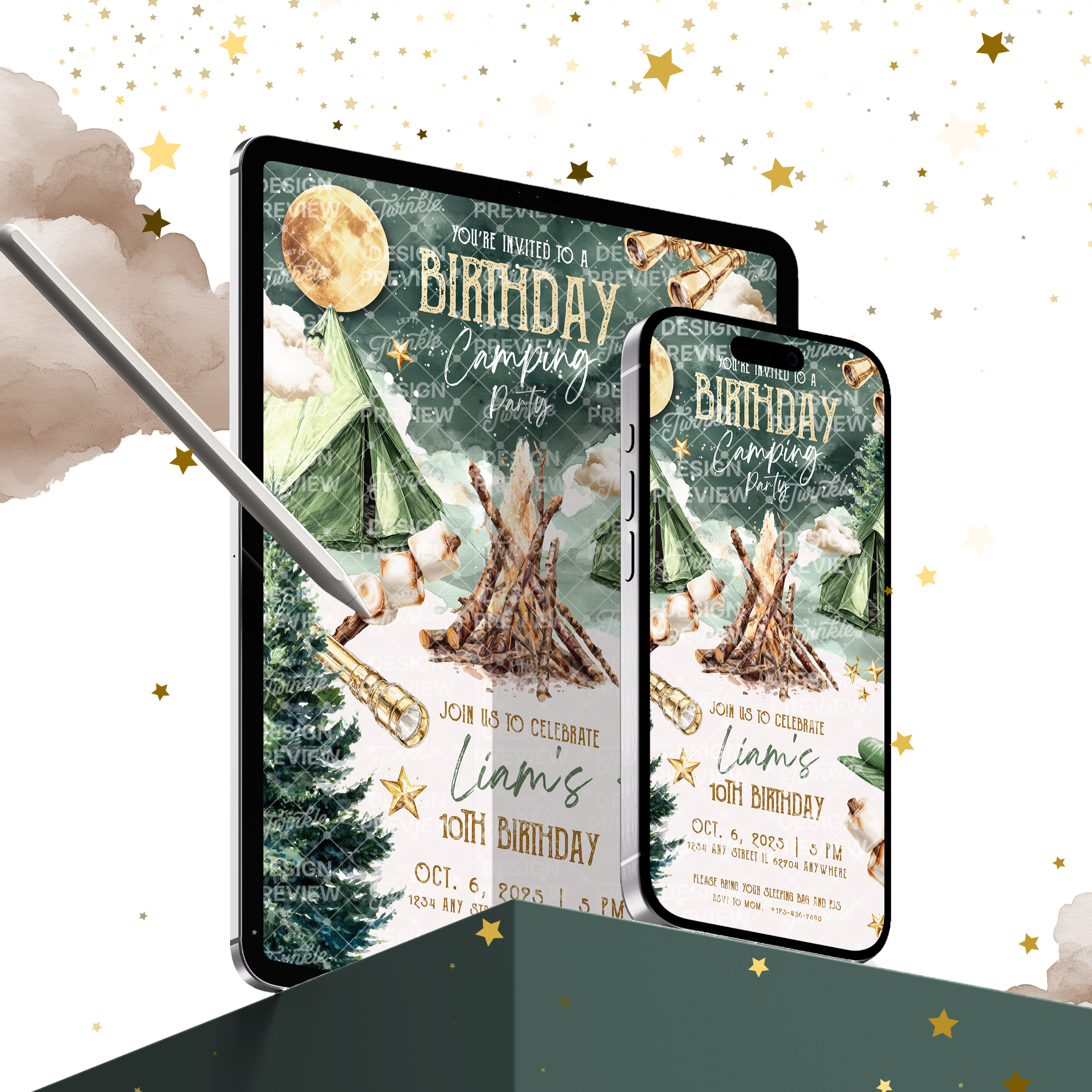 Camping Birthday Invitation Template • Editable Canva Invitation • Beige & Green