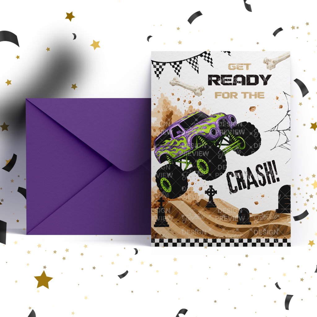 Monstertruck Geburtstagseinladung Lila & Blau