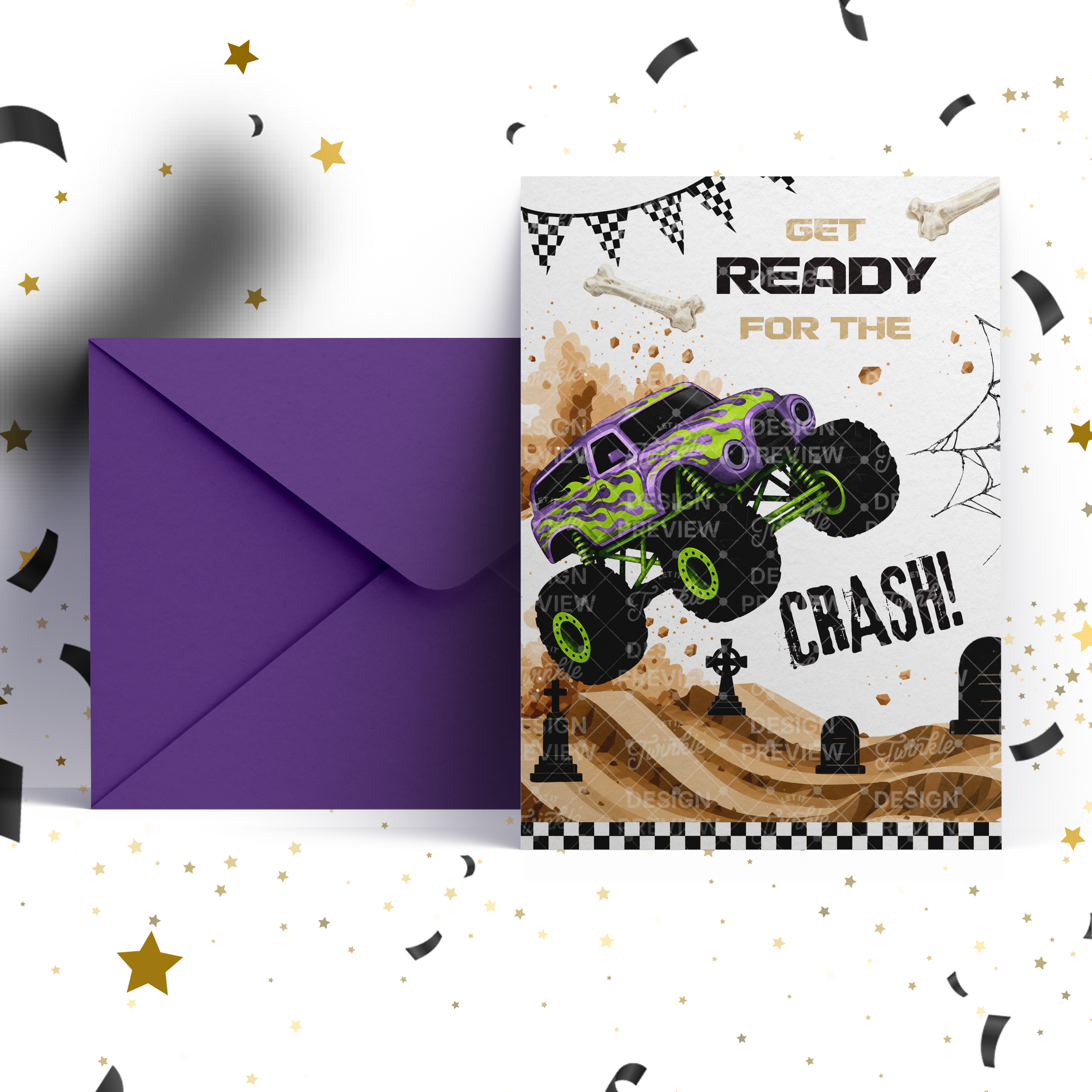 Monstertruck Geburtstagseinladung Lila & Blau
