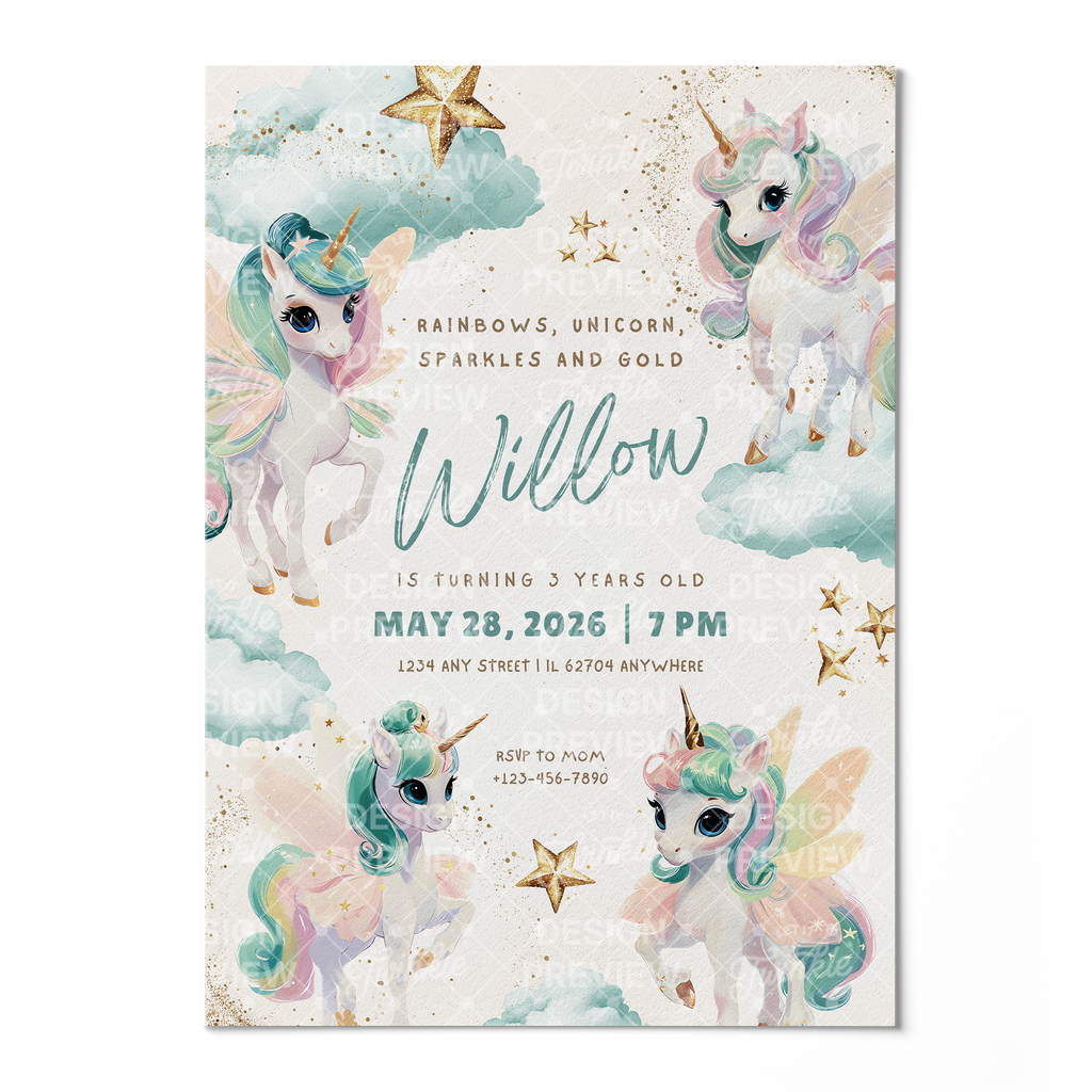 Unicorn Birthday Invitation Template • Editable Canva Invitation • Pastel Turquoise