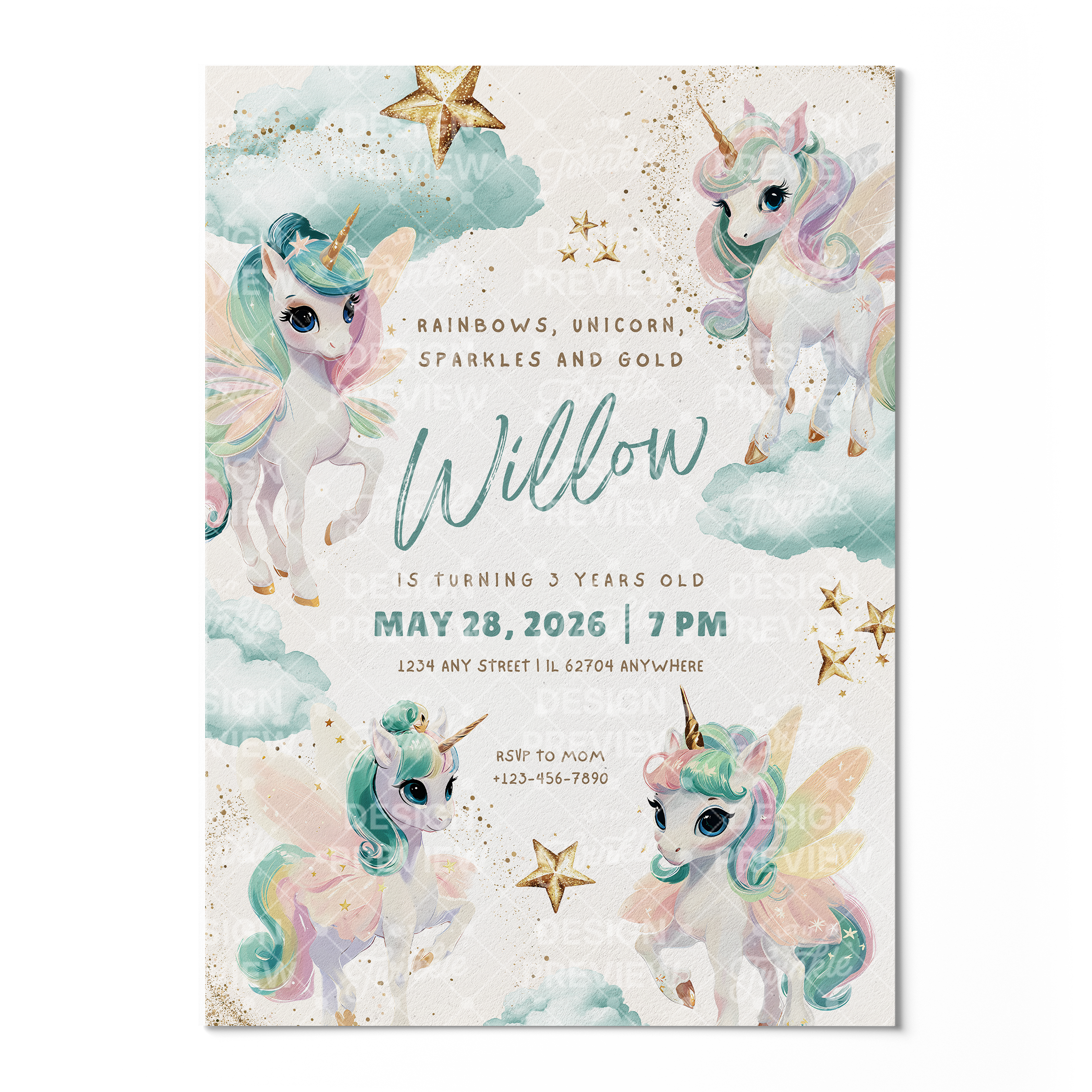 Unicorn Birthday Invitation Template • Editable Canva Invitation • Pastel Turquoise