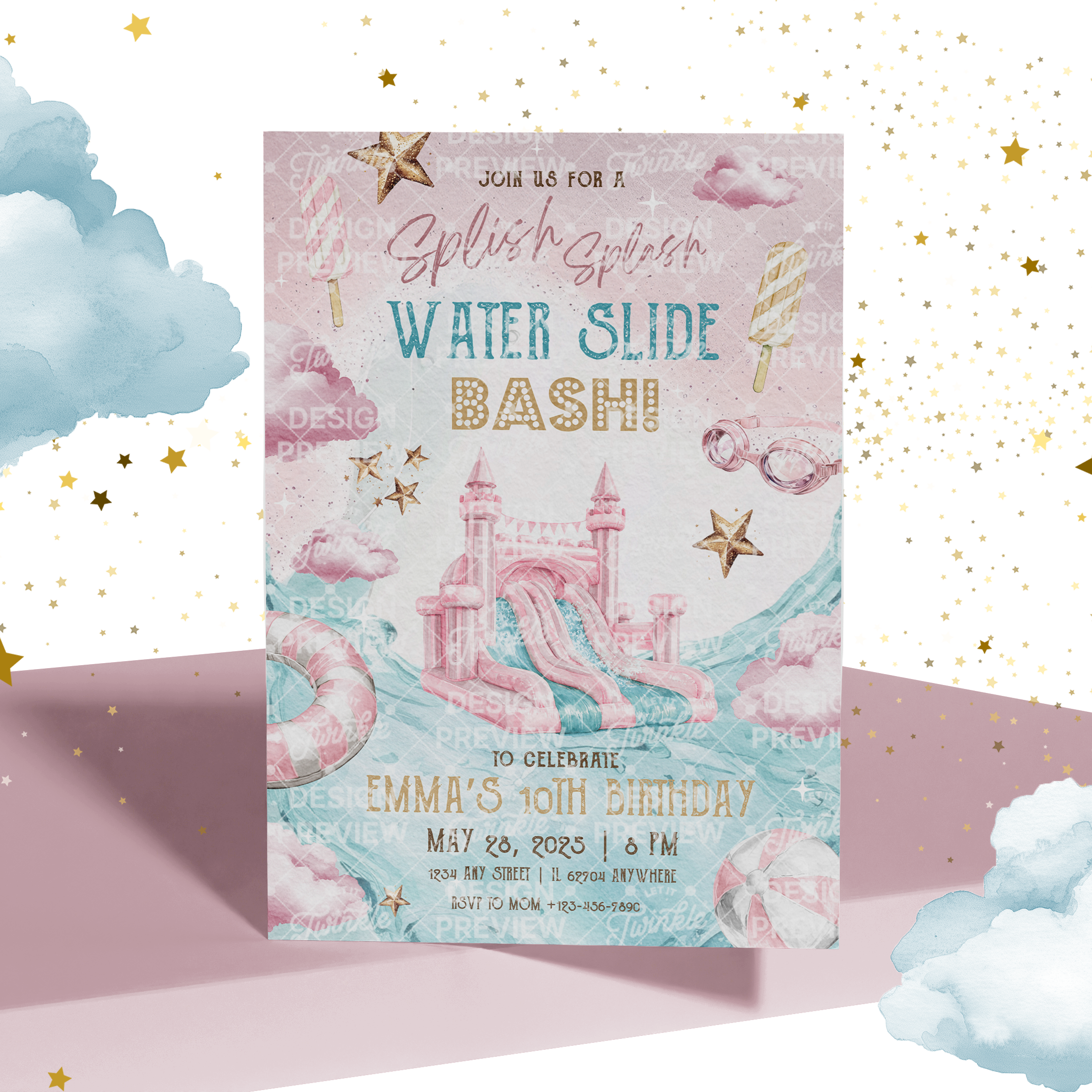 Poolparty-Geburtstagseinladung Beige & Gold