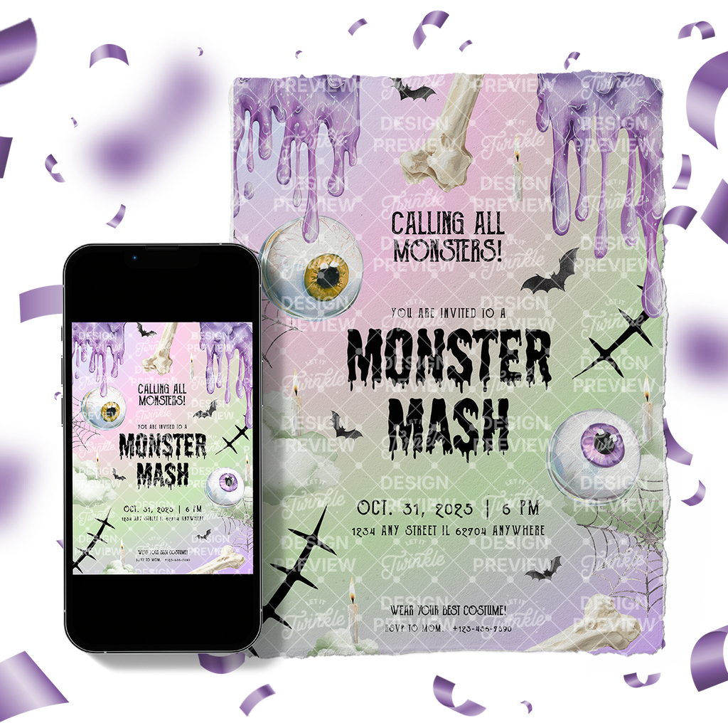 Monster Mash Halloween Invitation Template • Editable Canva Invitation • Purple & Green