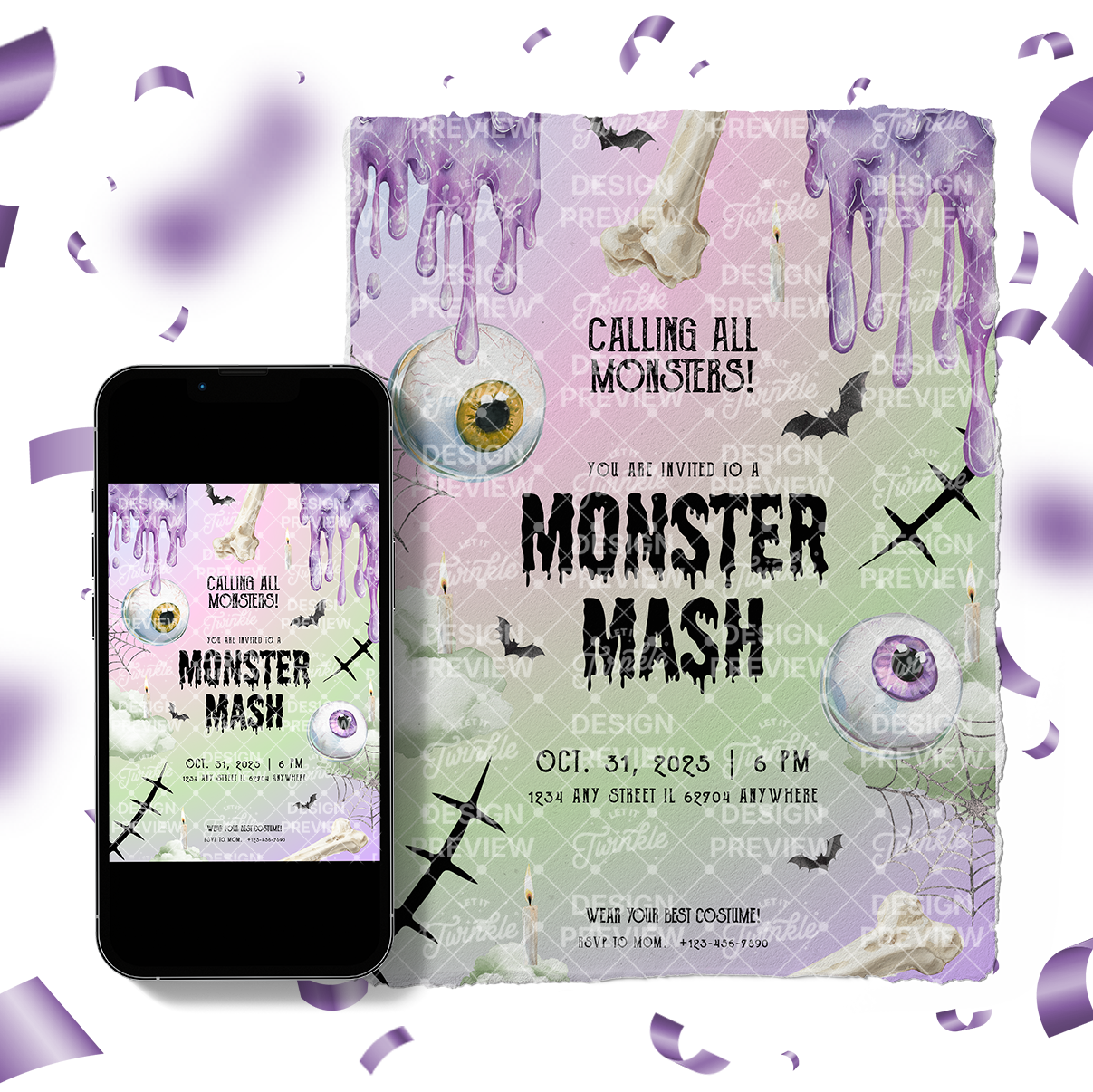 Monster Mash Halloween Invitation Template • Editable Canva Invitation • Purple & Green