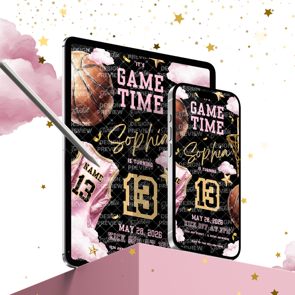 Basketball Birthday Invitation Template • Editable Canva Invitation • Pink & Black