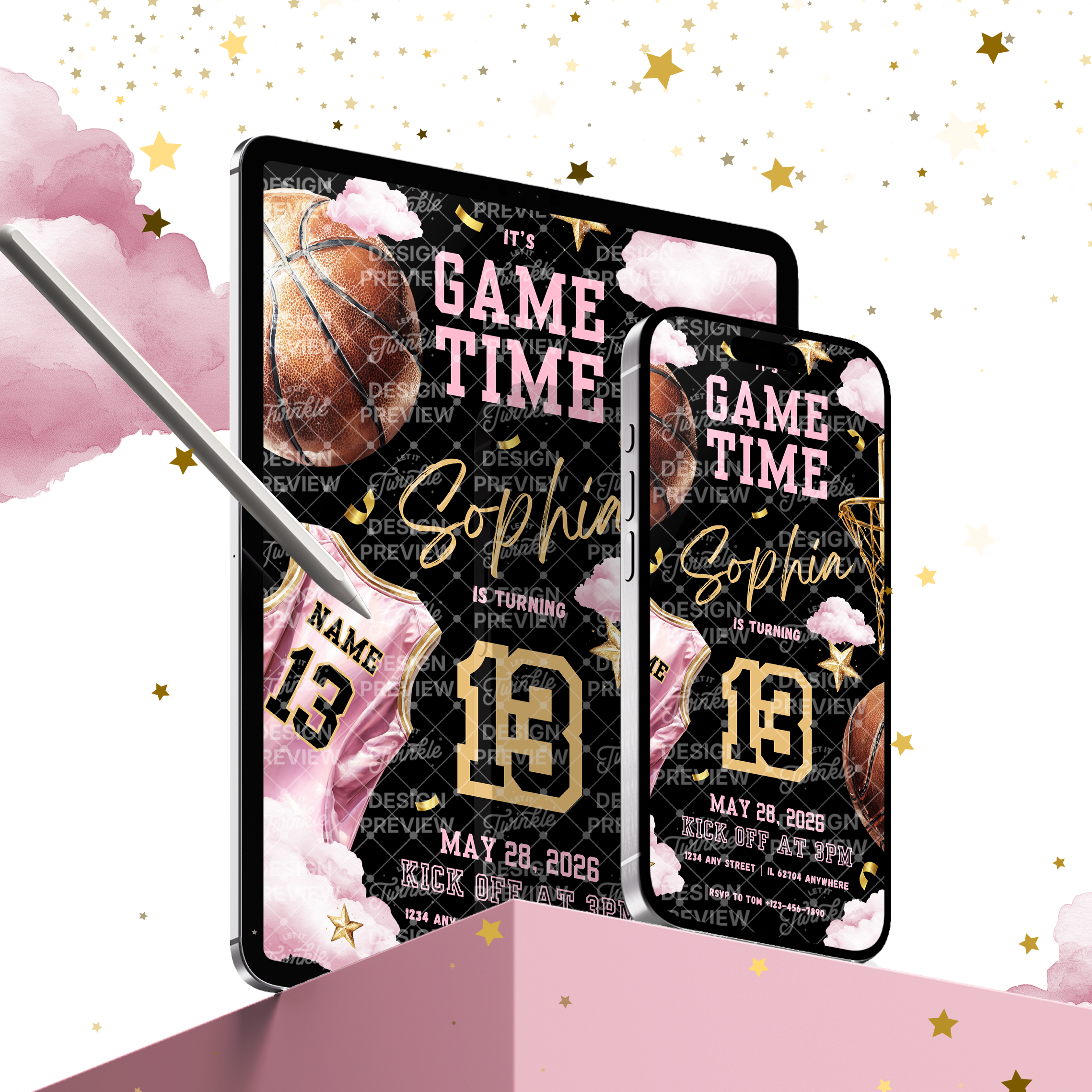 Basketball Birthday Invitation Template • Editable Canva Invitation • Pink & Black