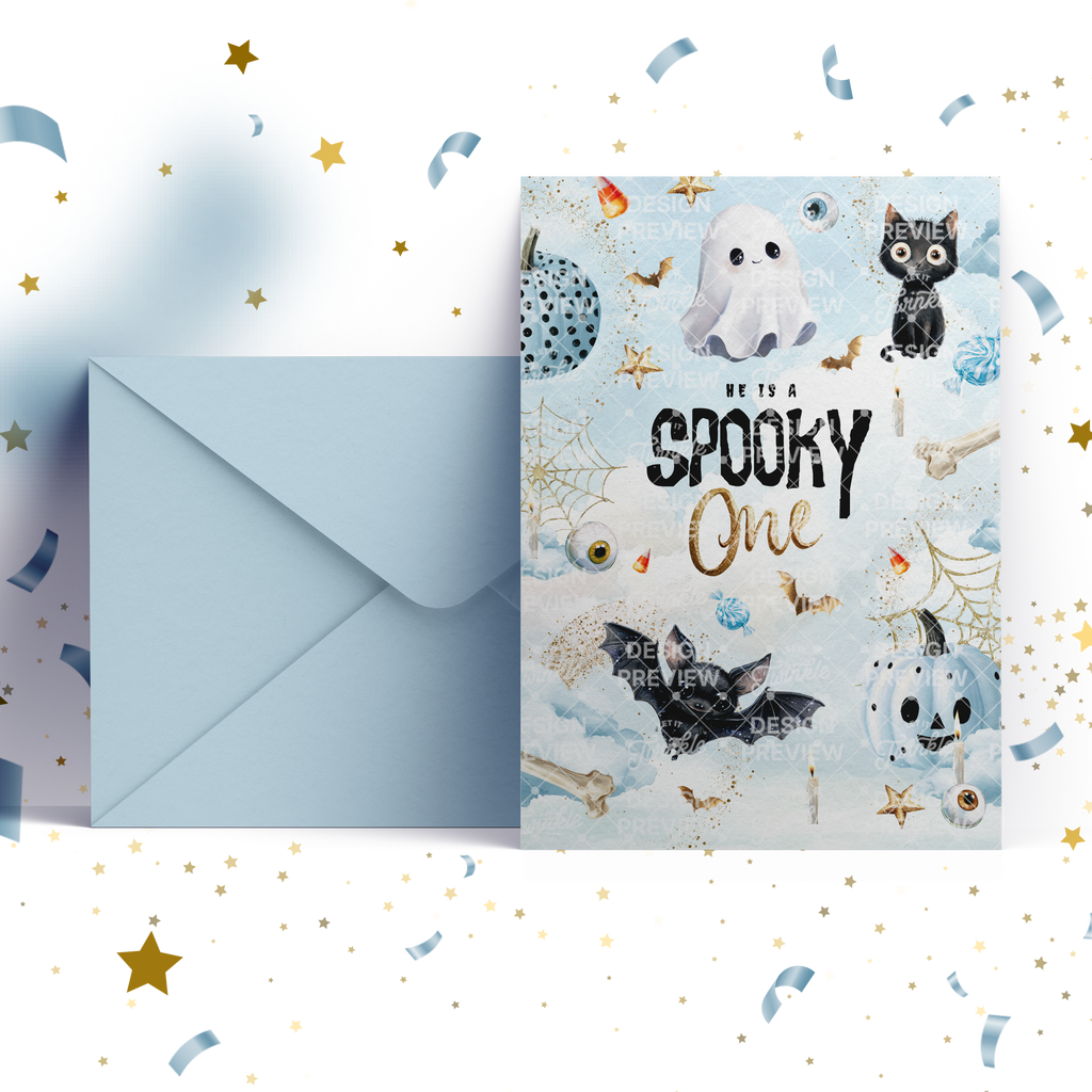 Spooky One Halloween First Birthday Invitation Template • Editable Canva Invitation • Blue & Gold
