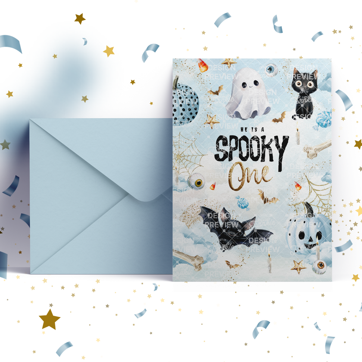 Spooky One Halloween First Birthday Invitation Template • Editable Canva Invitation • Blue & Gold