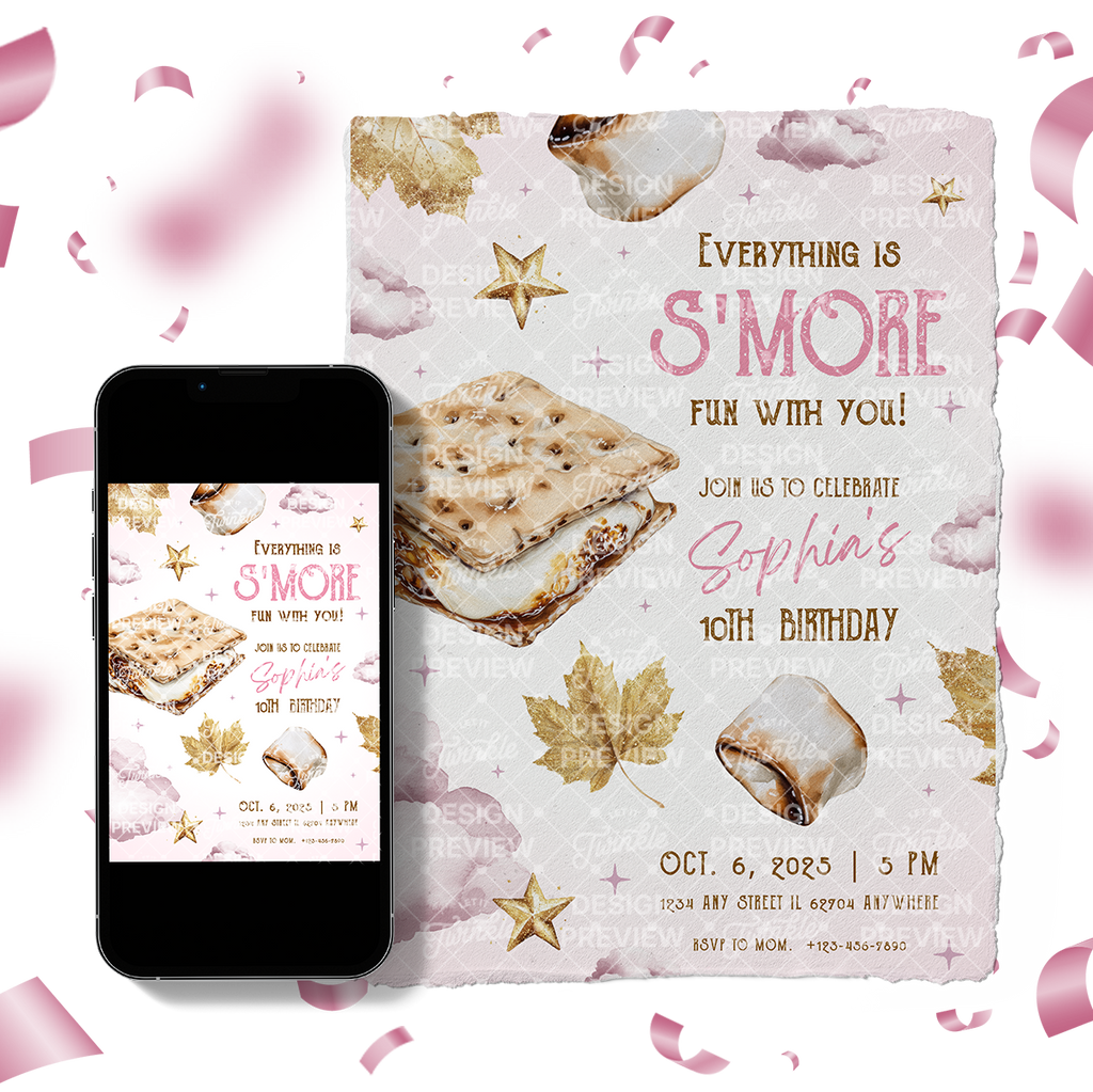 S'more Fun Birthday Invitation Template • Editable Canva Invitation • Pink & Gold