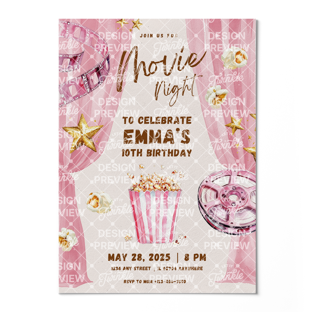 Movie Night Birthday Invitation Template • Editable Canva Invitation • Pink