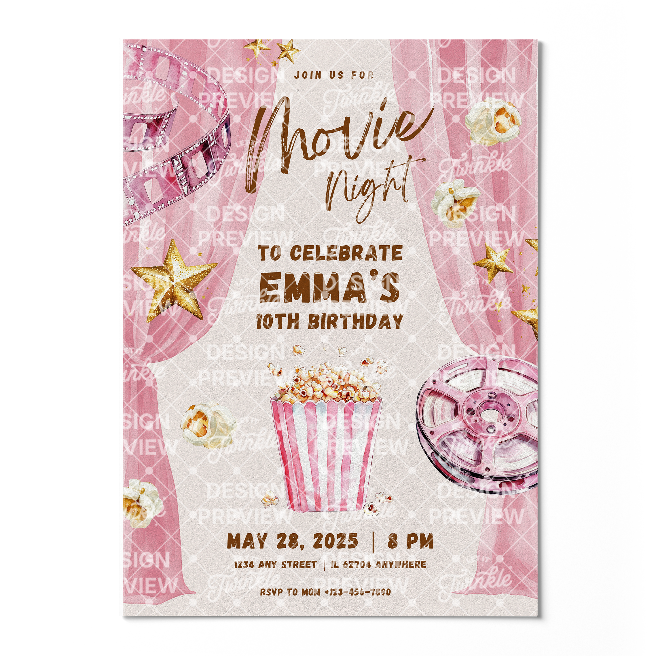 Movie Night Birthday Invitation Template • Editable Canva Invitation • Pink
