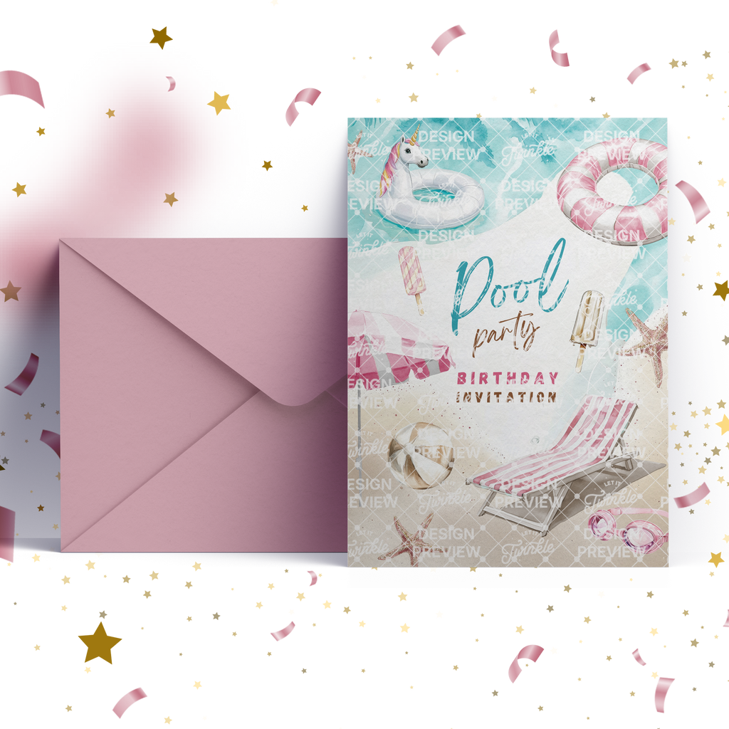 Pool Party Birthday Invitation Template • Editable Canva Invitation • Beige & Pink