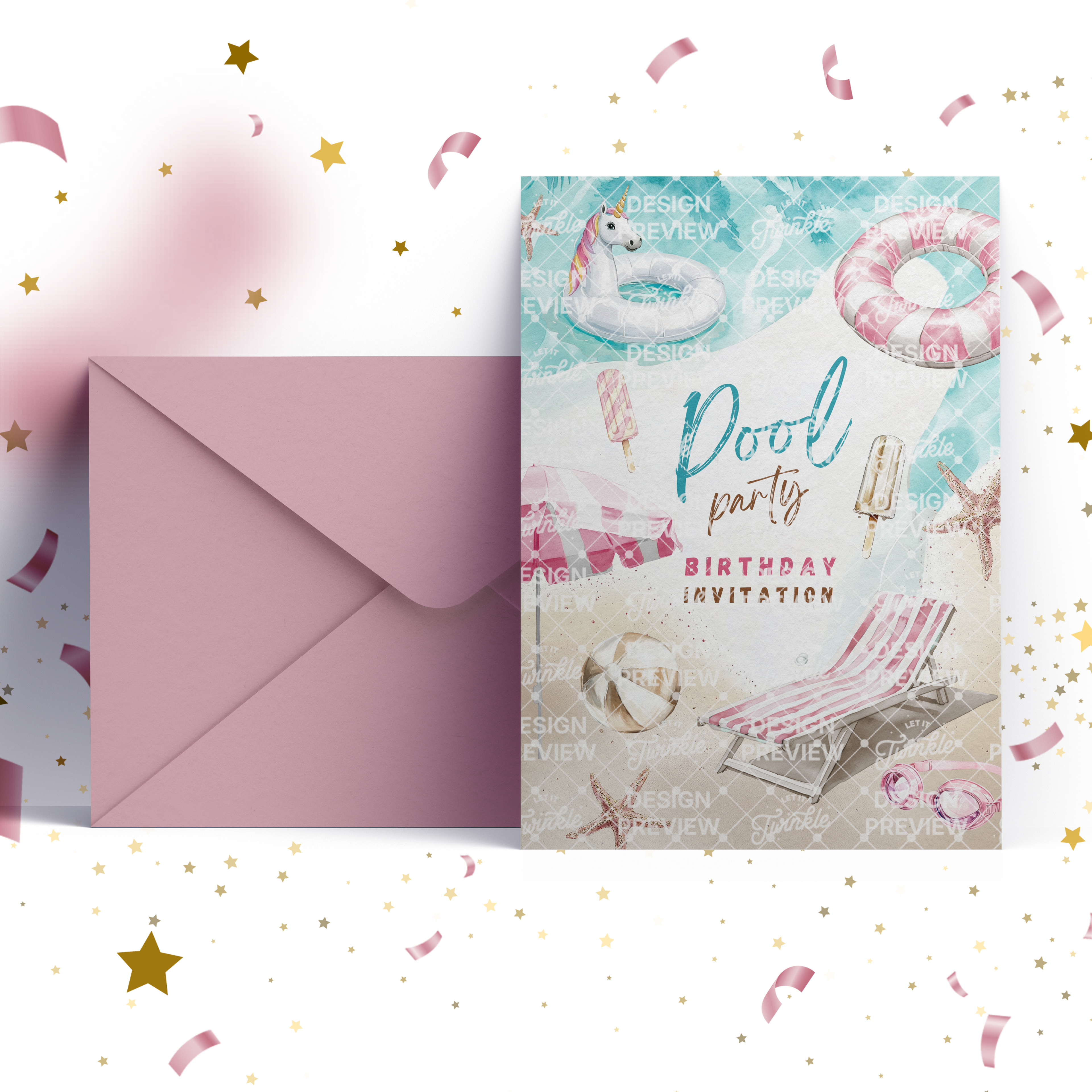 Pool Party Birthday Invitation Template • Editable Canva Invitation • Beige & Pink