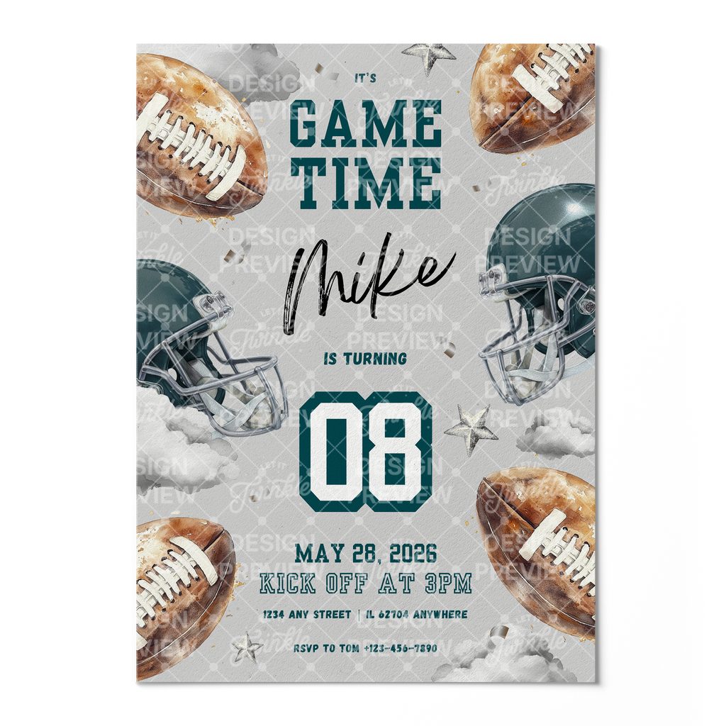 Football Birthday Invitation Template • Editable Canva Invitation • Gray & Dark Teal