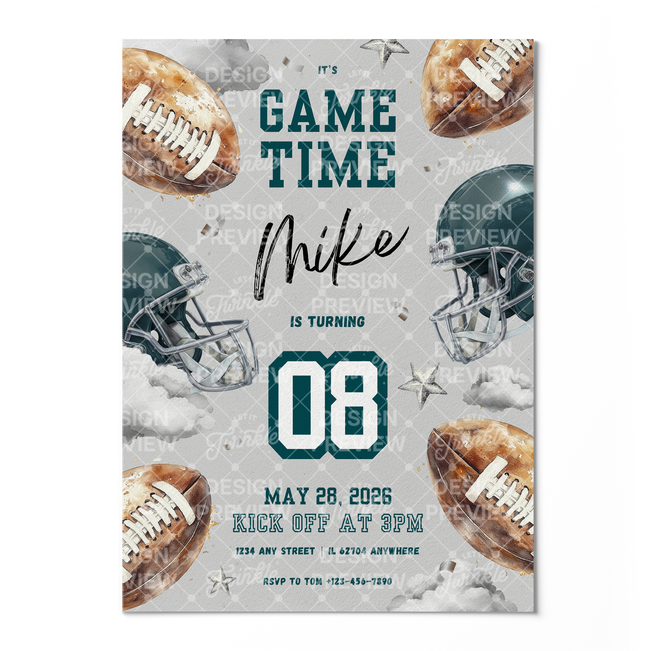 Football Birthday Invitation Template • Editable Canva Invitation • Gray & Dark Teal