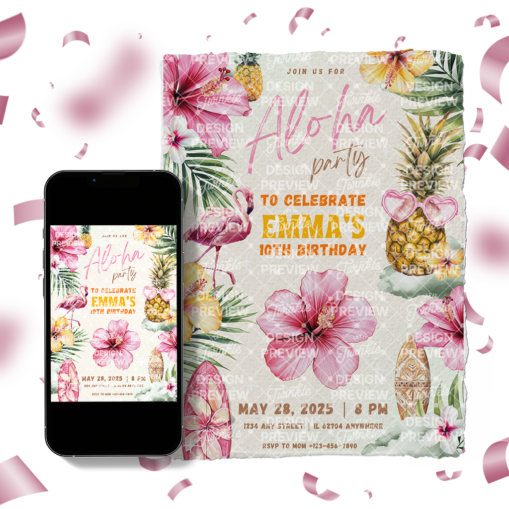 Aloha Birthday Invitation Template • Editable Canva Invitation • Yellow & Pink