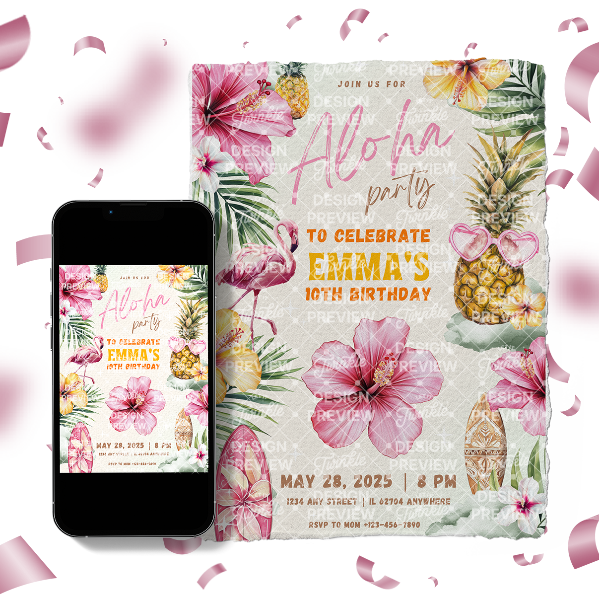Aloha Birthday Invitation Template • Editable Canva Invitation • Yellow & Pink