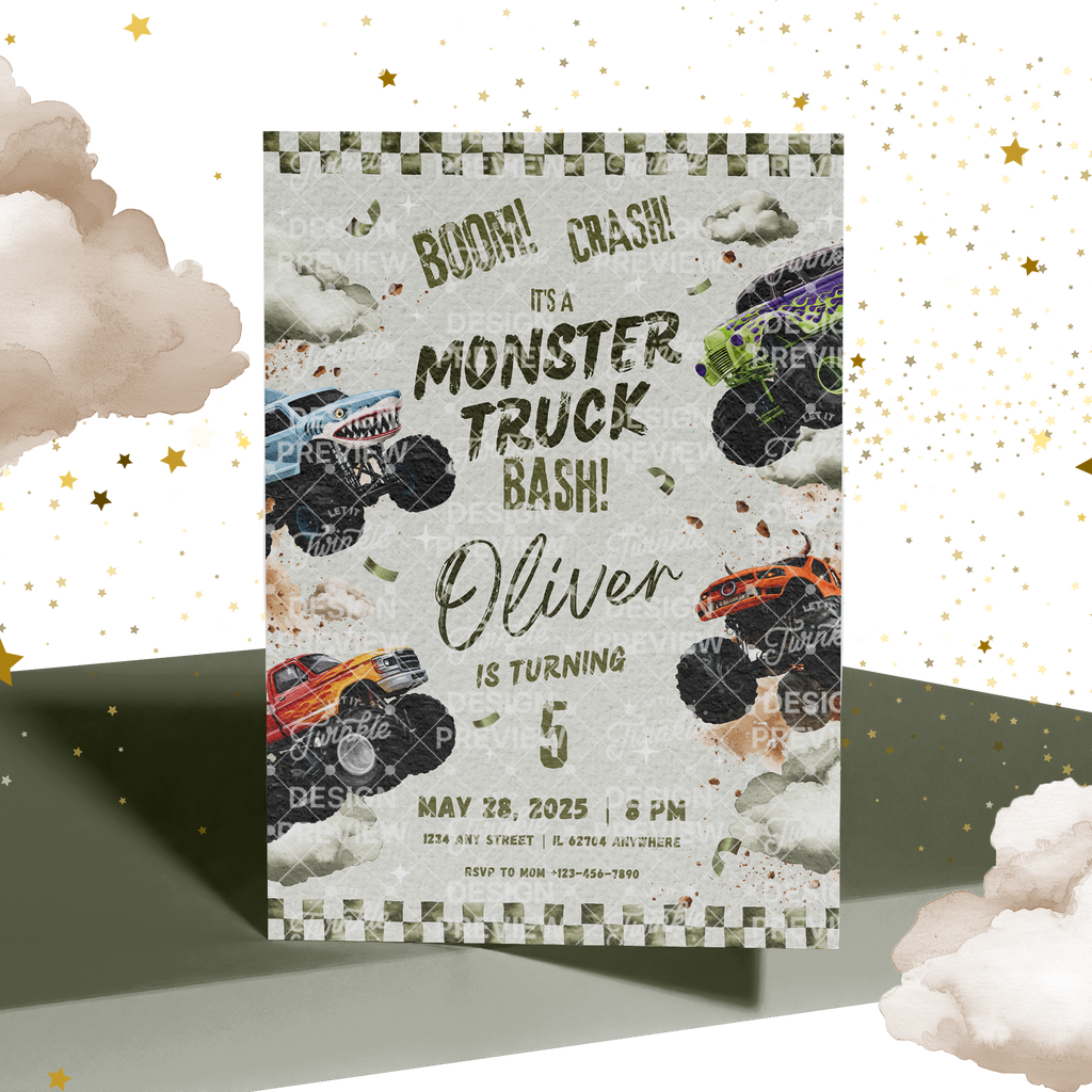 Monster Truck Bash Birthday Invitation Template • Editable Canva Invitation • Green