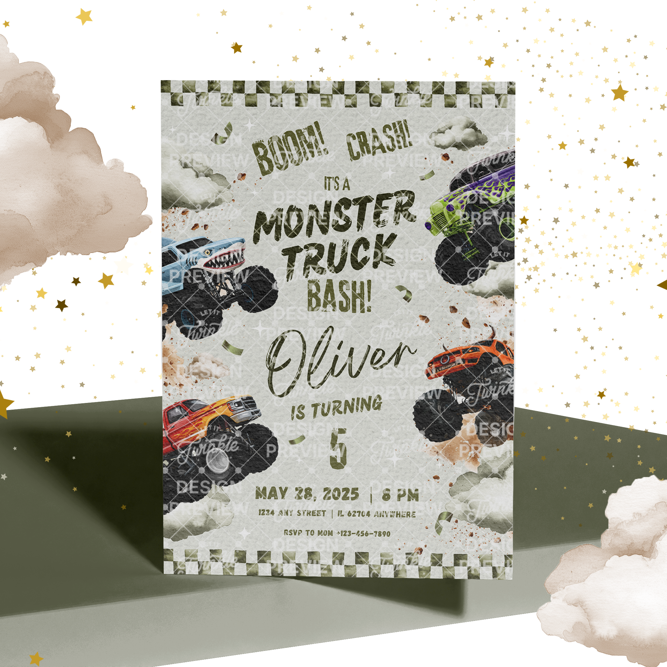 Monster Truck Bash Birthday Invitation Template • Editable Canva Invitation • Green