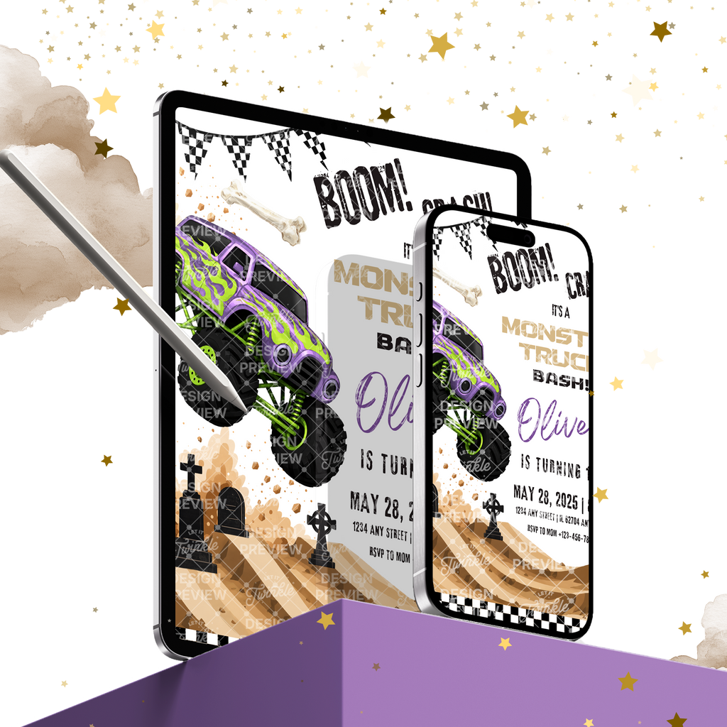 Monstertruck Geburtstagseinladung Lila & Blau