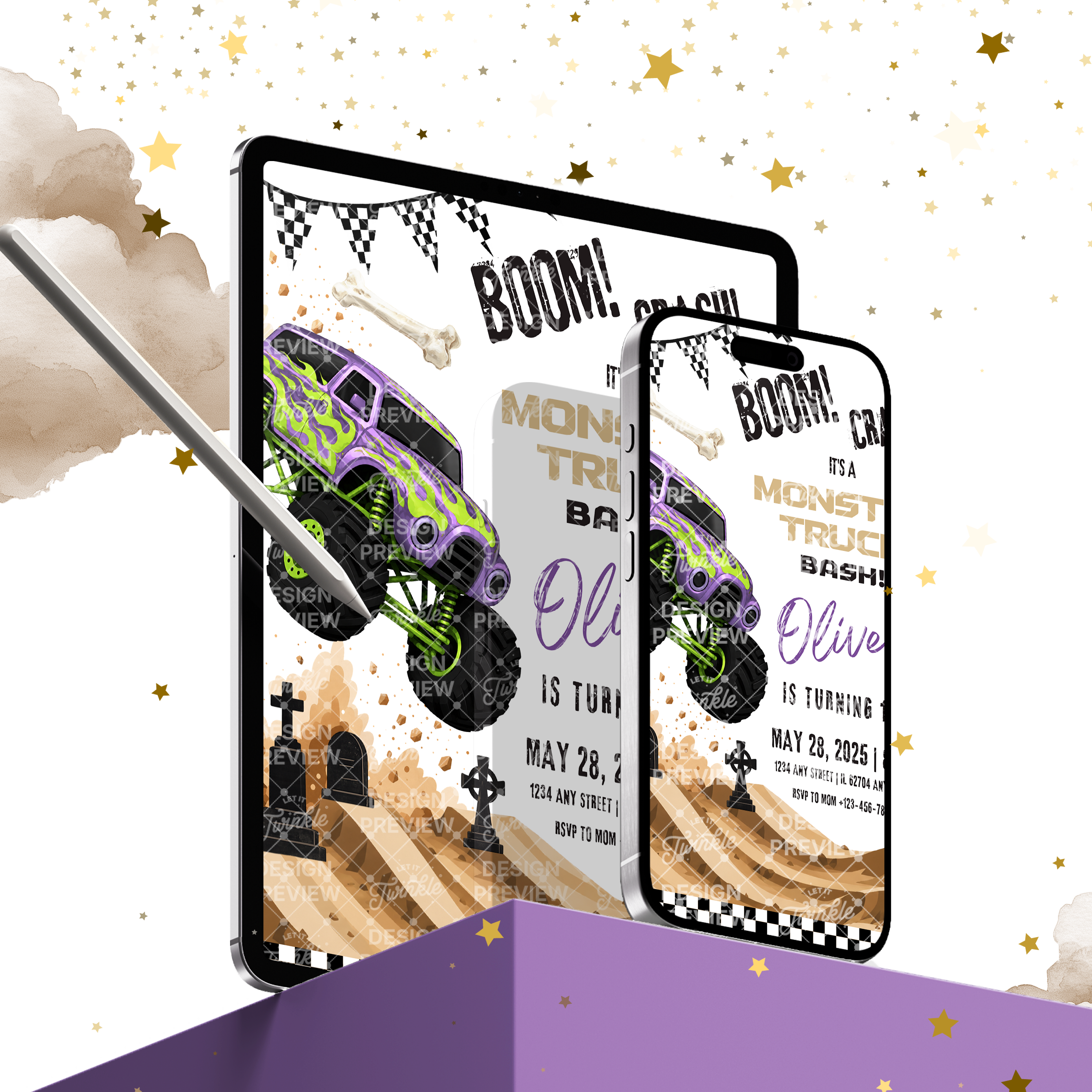 Monstertruck Geburtstagseinladung Lila & Blau