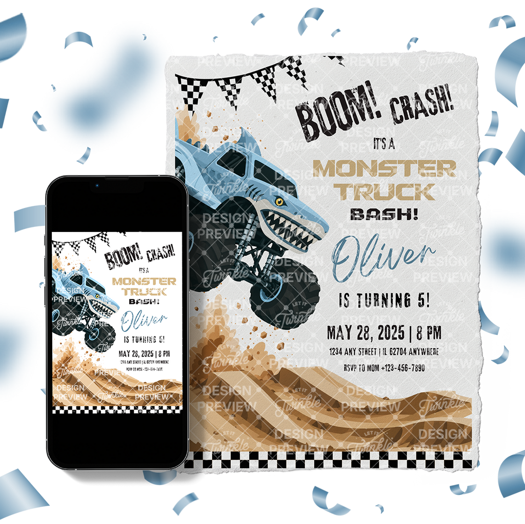 Monstertruck Geburtstagseinladung Lila & Blau
