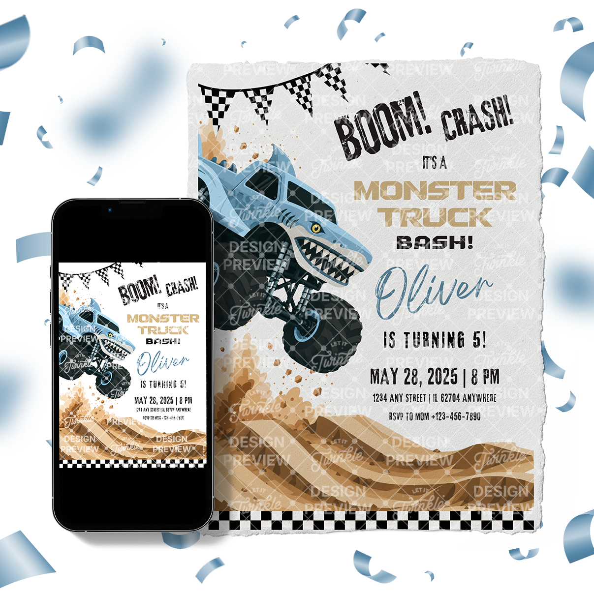 Monstertruck Geburtstagseinladung Lila & Blau
