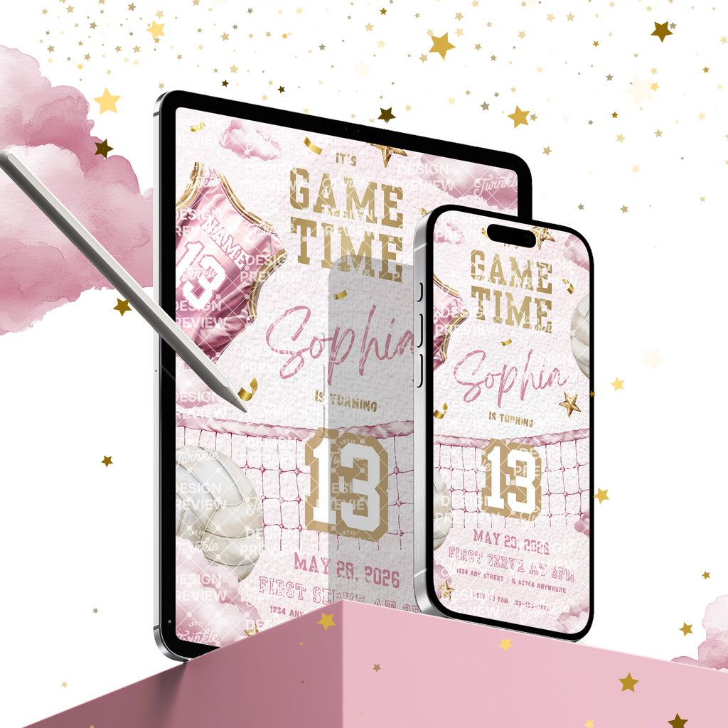 Volleyball Birthday Invitation Template • Editable Canva Invitation • Pink & Gold