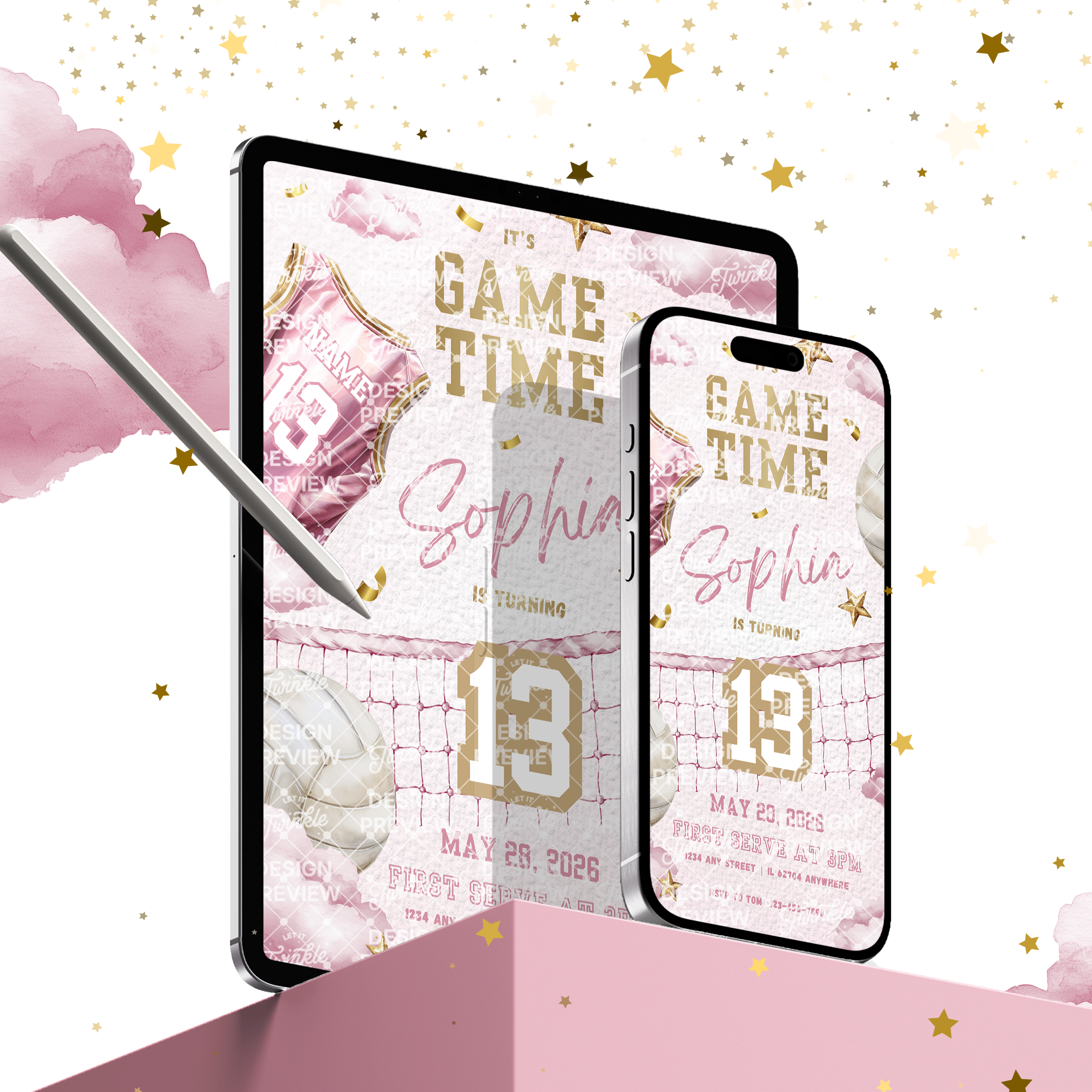Volleyball Birthday Invitation Template • Editable Canva Invitation • Pink & Gold