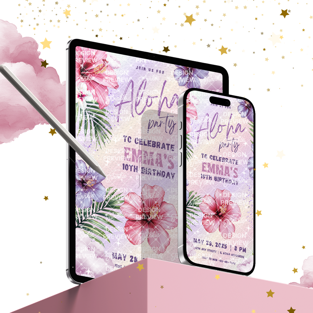 Aloha Geburtstagseinladungs-Vorlage • Bearbeitbare Canva-Einladung • Rosa