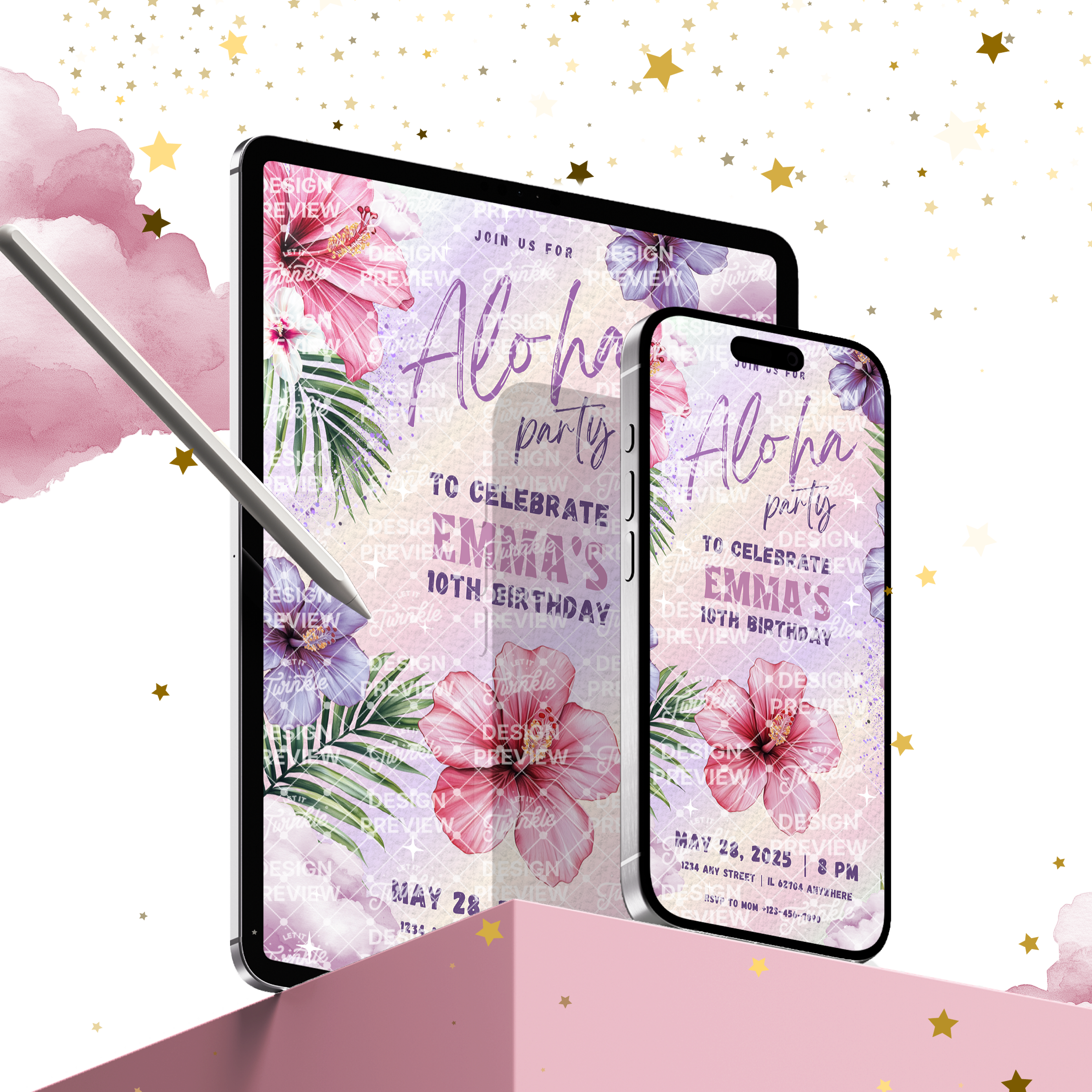 Aloha Geburtstagseinladungs-Vorlage • Bearbeitbare Canva-Einladung • Rosa