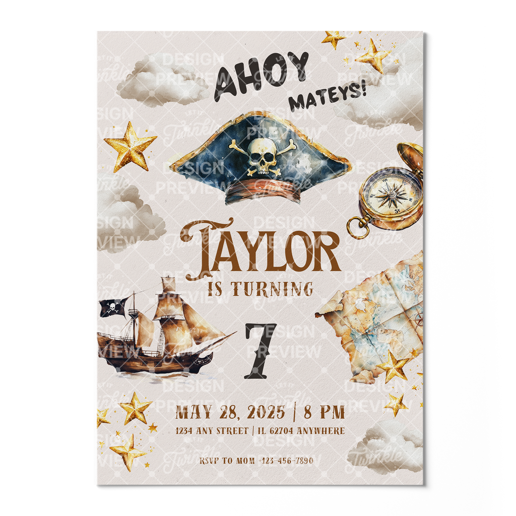 Pirate Birthday Invitation Template • Editable Canva Invitation • Brown & Beige
